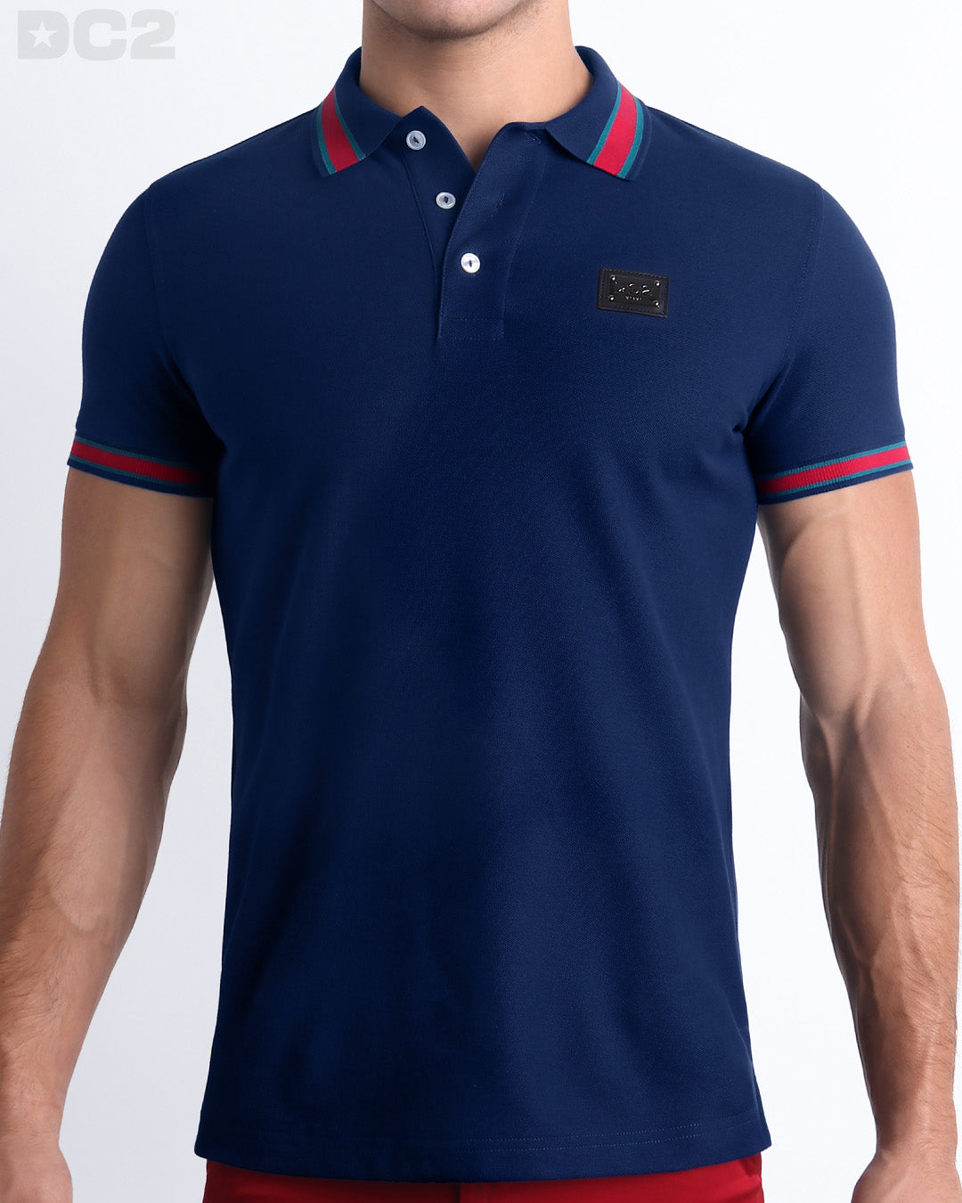 Front view of the FONTAINE BLUE Polo Shirt. It features a slim fit and short sleeves for a modern twist. Made from Peru's premium Pima Cotton, it's stylish and comfortable by DC2 a BANG! Miami Clothes capsule brand.