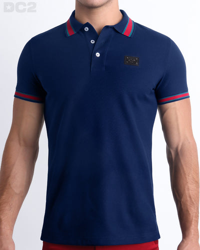 Front view of the FONTAINE BLUE Polo Shirt. It features a slim fit and short sleeves for a modern twist. Made from Peru's premium Pima Cotton, it's stylish and comfortable by DC2 a BANG! Miami Clothes capsule brand.