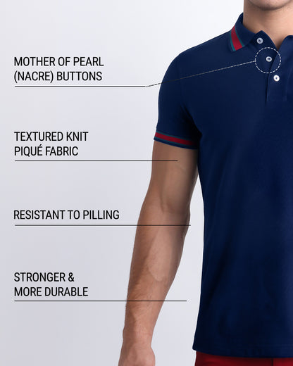 An infographic explaining that DC2 Polo Shirts feature mother of pearl (nacre) buttons, textured knit pique fabric, resistance to pilling, and enhanced strength and durability.