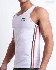 Side view of the FORZA WHITE beach quick-dry tank top for men features a in a solid white color, made by DC2 a capsule brand by BANG! Clothes in Miami.