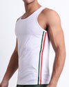 Side view of the FORZA WHITE beach quick-dry tank top for men features a in a solid white color, made by DC2 a capsule brand by BANG! Clothes in Miami.