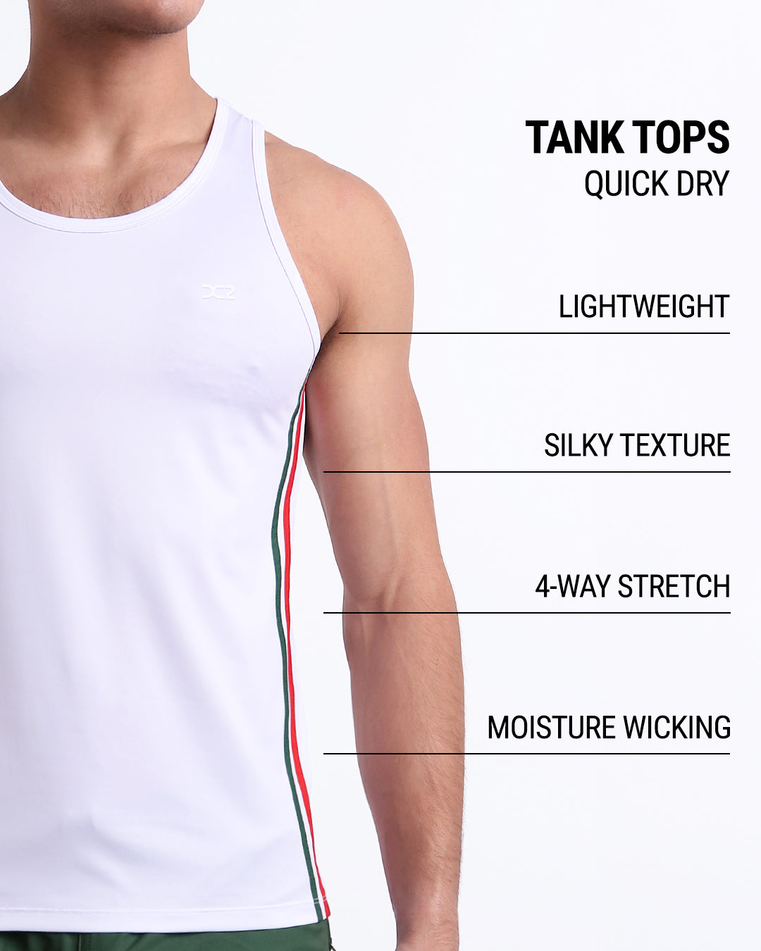 An infographic explaining the features of the lightweight, silky texture, 4-way stretch, and moisture-wicking material of the DC2 fitness tank top.