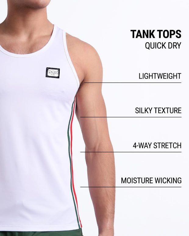 An infographic explaining the features of the lightweight, silky texture, 4-way stretch, and moisture-wicking material of the DC2 fitness tank top.