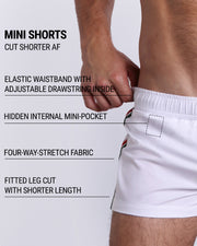 Infographic explaining the many features of the FORZA WHITE Mini Shorts. These MINI SHORTS have elastic waistband with adjustable drawstring inside, hidden internal mini-pocket, 4-way stretch fabric, and are quad friendly with shorter leg length.