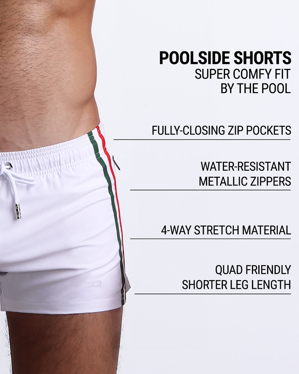 Forza White Poolside Shorts infographic highlighting fully closing zip pockets, water-resistant metallic zippers, four-way stretch fabric, and a quad-friendly shorter leg length.
