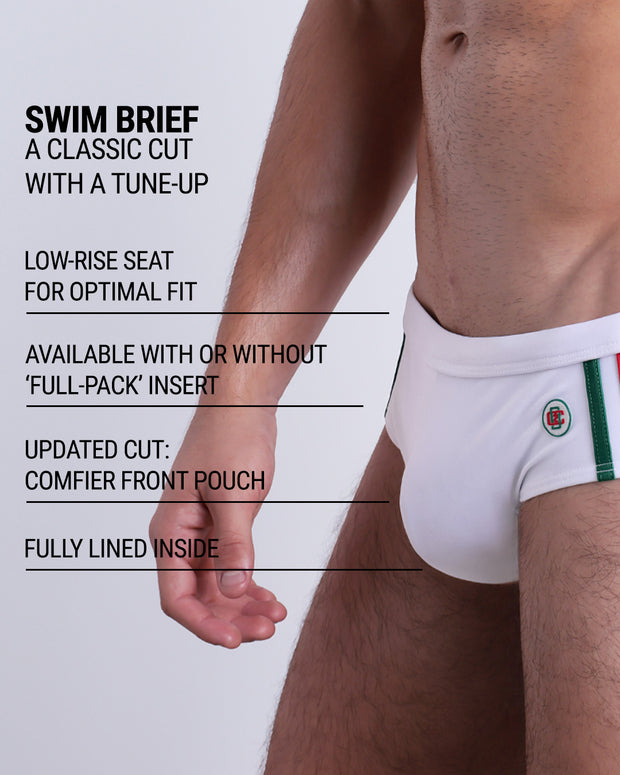 Infographic explaining the classic cut with a tune-up FORZA WHITE Swim Brief by DC2. These men swimsuit is low-rise seat for optimal fit, available with or without &