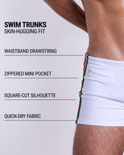Infographic explaining the Swim Trunks swimming shorts by DC2. These Swim Trunks have a skin-hugging fit, have separate waistband construction, zippered mini pocket, square-cut form-fitting silhouette and quick-dry fabric.