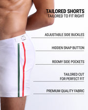 Infographic explaining the Tailored Shorts features and how they're tailored to fit every body form. They have hidden snap buttons with zipper, adjustable side buckles, and open side pockets, premium quality beach shorts for men.