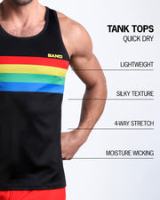 Infographic explaining how lightweight, silky texture, 4-way stretch, moistute wicking material of the BANG! clothes fitness tank top.