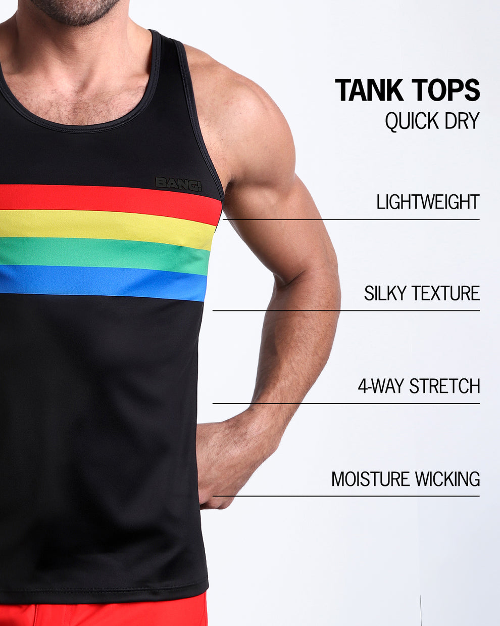 Infographic explaining how lightweight, silky texture, 4-way stretch, moisture wicking material of the BANG! clothes fitness tank top.