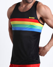 Side view of the FOUR EVER STRIPES VOL 1 casual tank top for men in dark black with stripes in red, yellow, blue and green by Bang! Clothing of Miami.