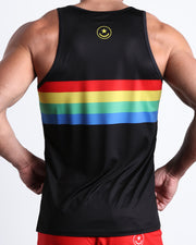 Back view of the FOREVER STRIPES VOL 1 men's tank top in black with colored bands in green, red, yellow and blue by Bang! Miami.