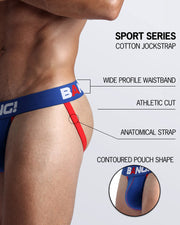 An infographic displays the premium quality of the Cotton Jockstrap Sport Series. It features a wide profile waistband, athletic cut, contoured pouch shape, and an anatomical strap.