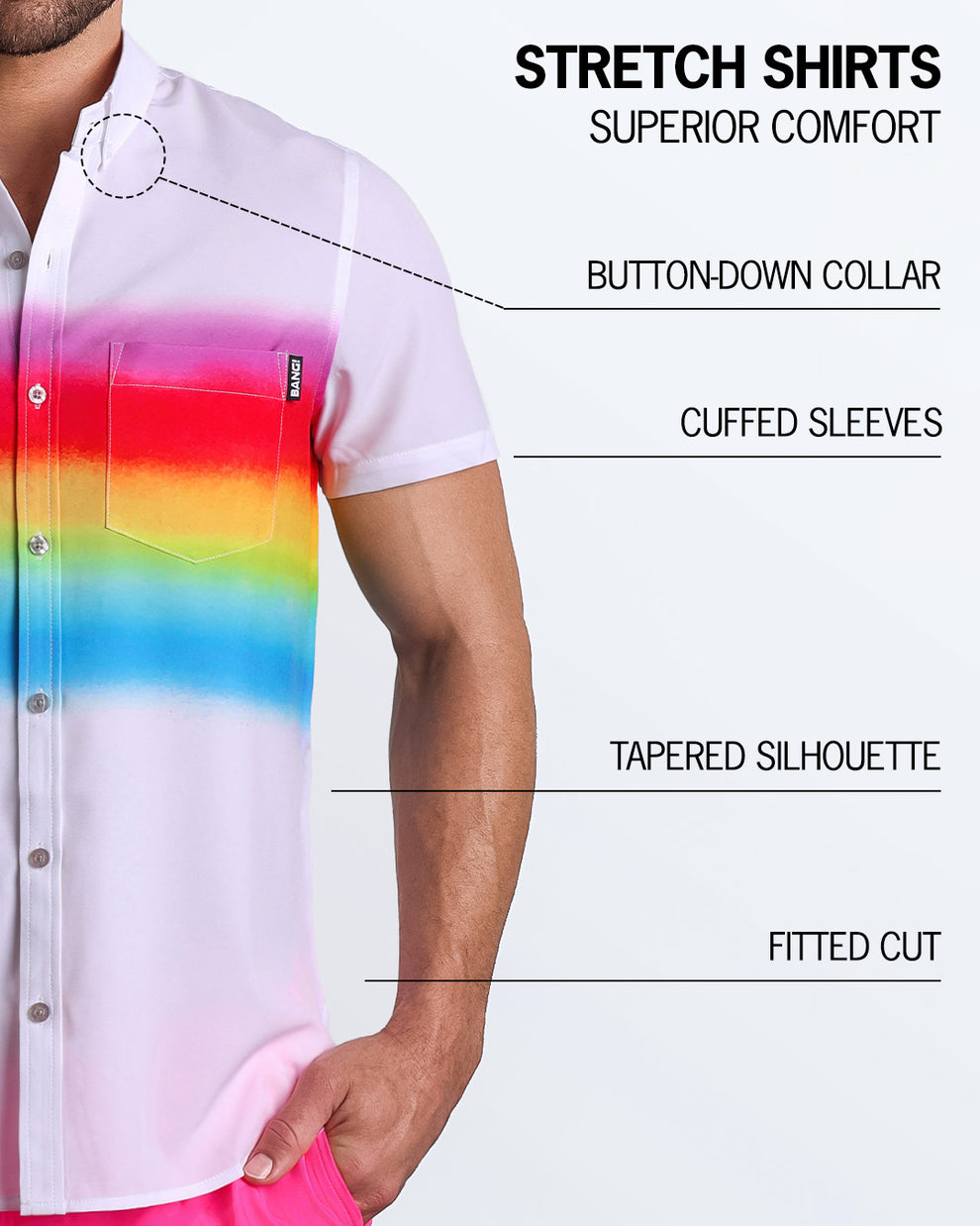 An infographic explaining the features of the men’s sleeveless Hawaiian Stretch Shirt. The shirt offers superior comfort, a fitted cut, tapered silhouette, cuffed sleeves, and a button-down collar.