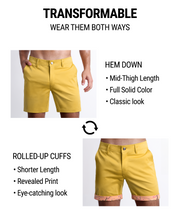 GOT MANGO Street shorts by DC2 are tranformable. You're able to wear wear them 2 ways: Hem down or rolled-up cuffs. Hem down have a mid-thigh length, full solid color, and provide a classic chino shorts look. Rolled-up cuffs provide a shorter length, provide a fun print and eye-catching look.