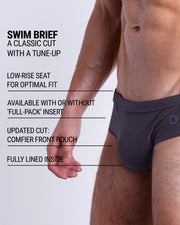 Infographic explaining the classic cut with a tune-up GOTHAM GREY Swim Brief by DC2. These men swimsuit is low-rise seat for optimal fit, available with or without 'Full-Pack' insert, comfier front pouch, and fully lined inside.