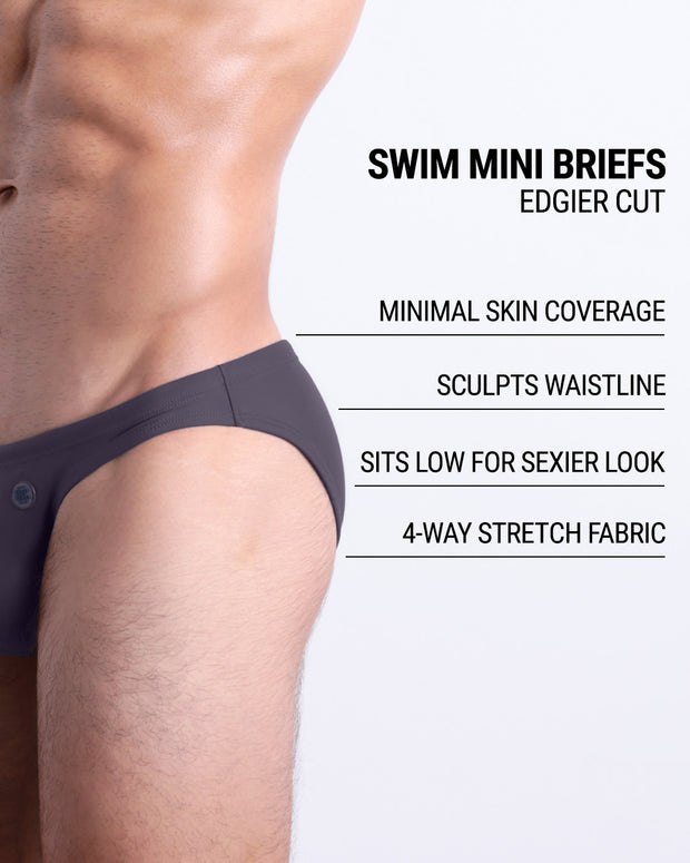 Infographic explaining the edgier cut of the Swim Mini Briefs. Features sculpt waitline, 4-way stretch fabric, sits low for sexier look, and has quick-dry material.