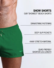 Infographic explaining  BANG!'s Show Shorts the "showiest" beach shorts. These shorts have drawstring fastening, deep slip pockets, 4-way stretch material, and quad friendly shorter leg length. 
