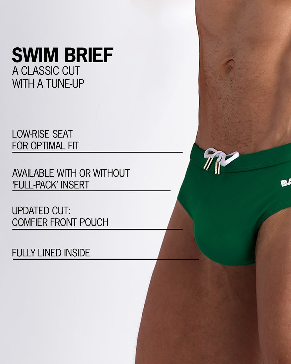 Infographic explaining the classic cut with a tune-up Swim Brief by BANG! Clothes. These men swimsuit is low-rise seat for optimal fit, available with or without 'Full-Pack' insert, comfier front pouch, and fully lined inside.
