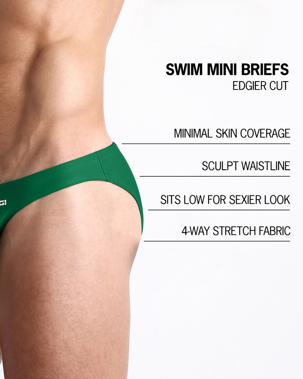Infographic explaining the classic cut with a tune-up Swim Brief by BANG! Clothes. These men swimsuit is low-rise seat for optimal fit, available with or without 'Full-Pack' insert, comfier front pouch, and fully lined inside.