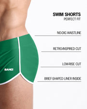 Infographics explaining how perfect the BANG! Clothes Swim Shorts in GREEN RUSH are. They have a no-dig waistline, retro-inspired cut, low-rise cut, and have a brief-shaped liner inside.