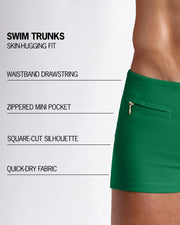 Infographic explaining the Swim Trunks swimming shorts by BANG! These Swim Trunks have a skin-hugging fit, have a wasitband drawstring, zippered mini pocket, square-cut silhouette and quick-dry fabric.