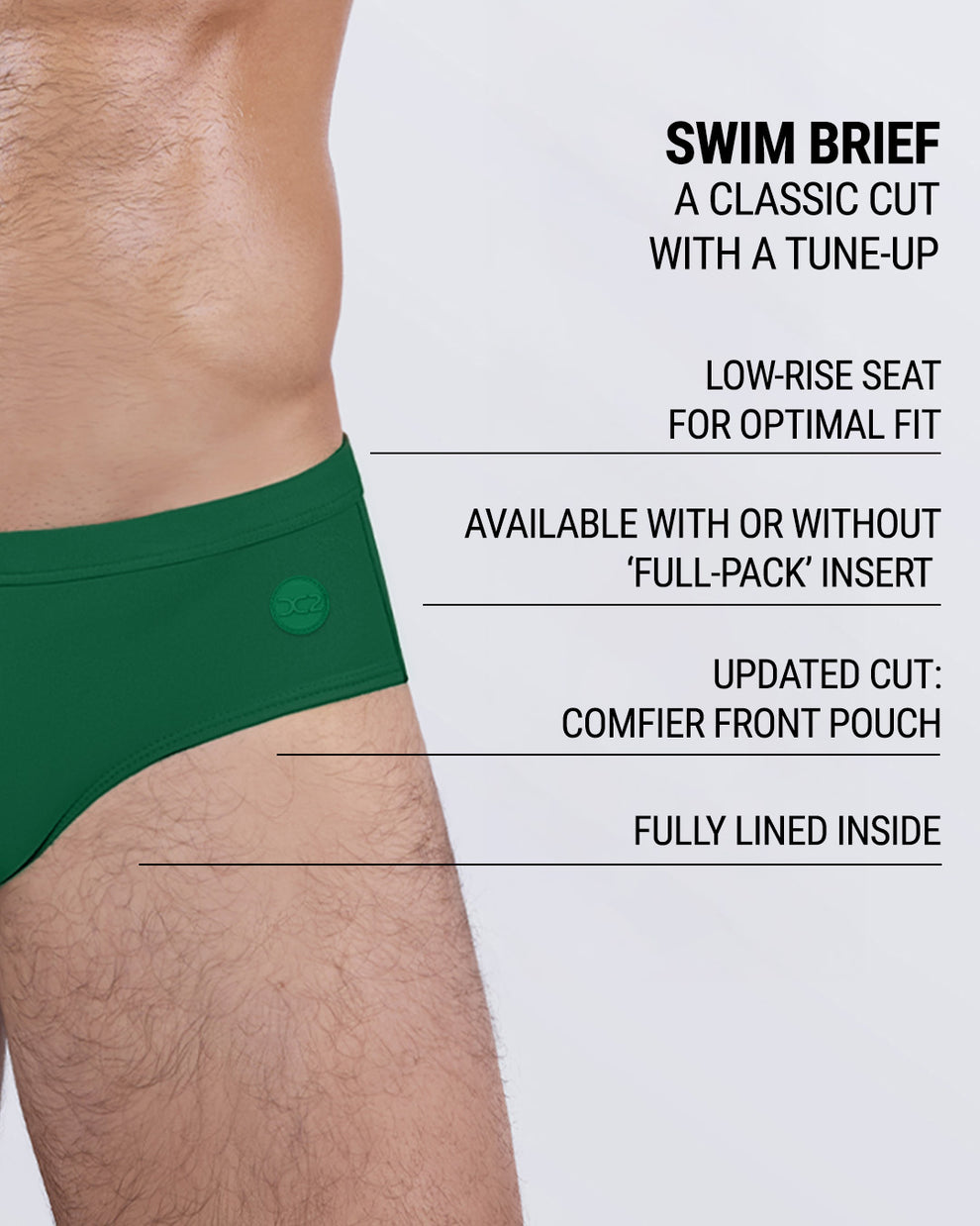 Product details graphic of GREEN RUSH swim briefs — showcasing low-rise fit, 'Full-Pack' insert option, and fully lined comfort.