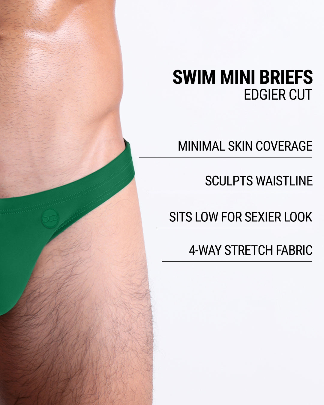DC2 Green Rush Swim Mini Brief — close-up product shot with callouts: minimal skin coverage, sculpts waistline, sits low for a sexier look, and features 4-way stretch fabric.