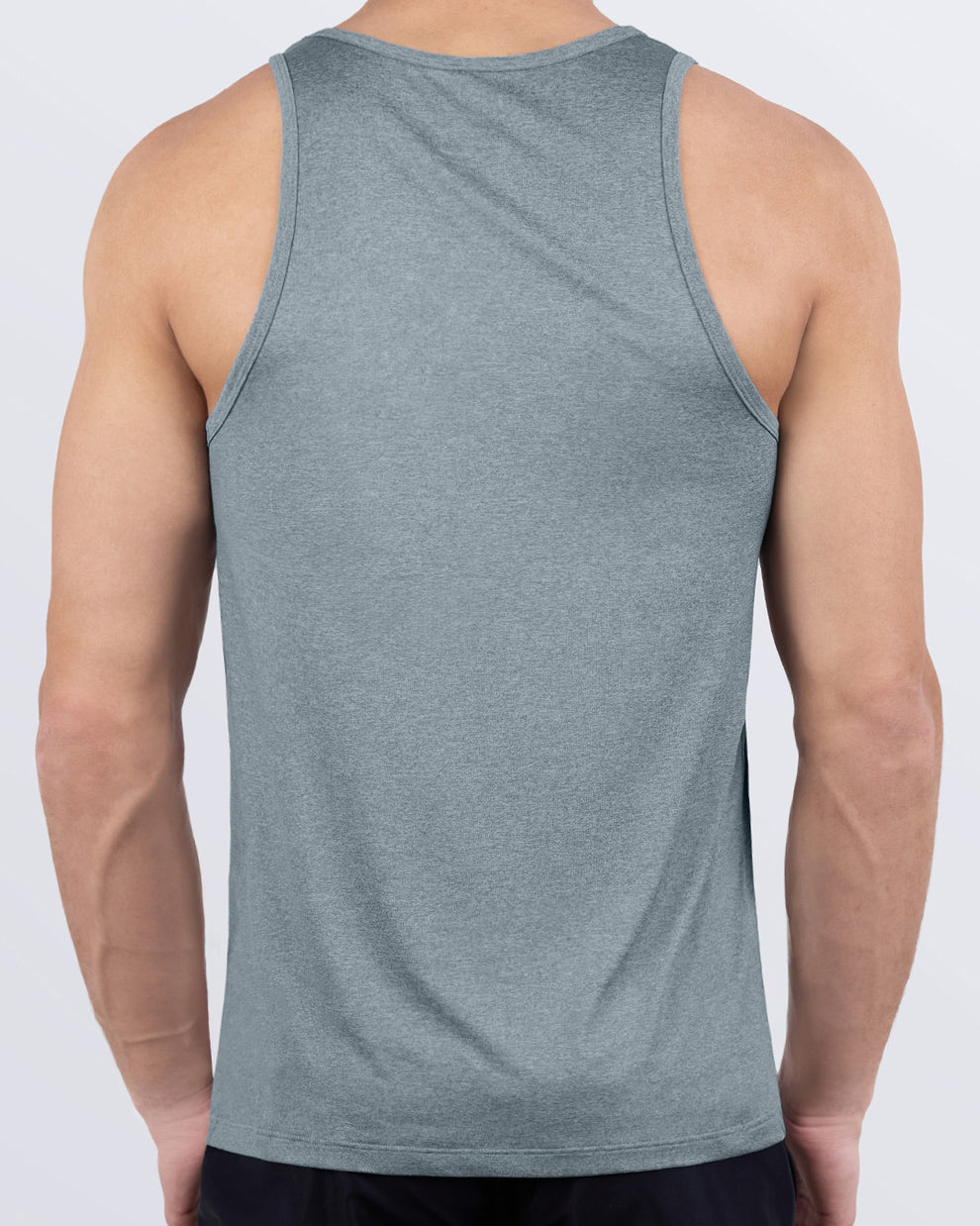 Back view of DC2 Grey Matters athletic tank top in heather gray, featuring racerback cut and smooth, breathable performance fabric for maximum mobility.