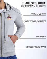An infographic explaining the features of BANG! Clothes Tracksuit Hoodie, including a contemporary silhouette, double-lined hood, soft cotton-blend fleece, ribbed cuffs, and a metallic frontal zipper.