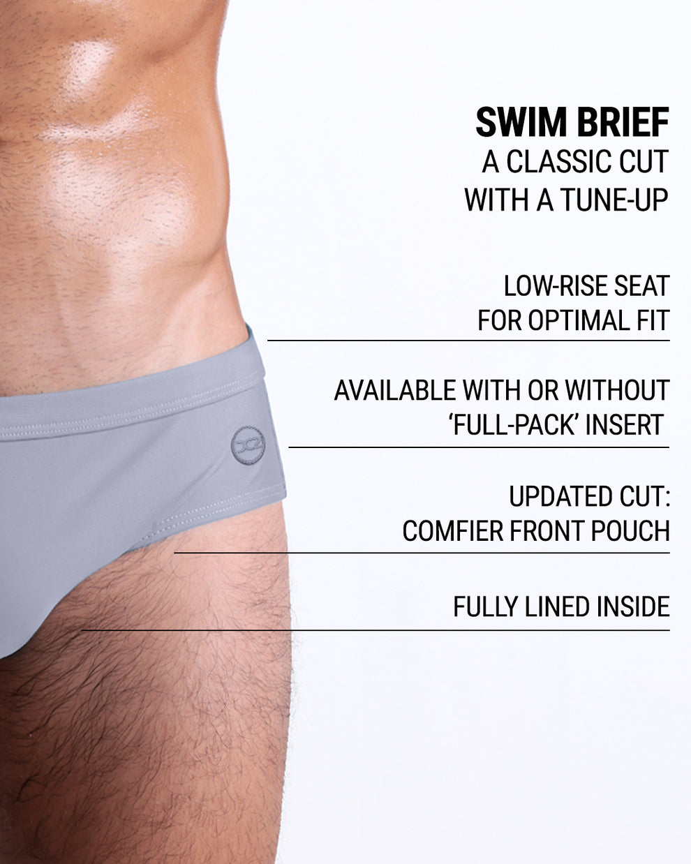 DC2 GREY ANATOMY Swim Brief — close-up of waistband and tonal DC2 logo patch, emphasizing craftsmanship.