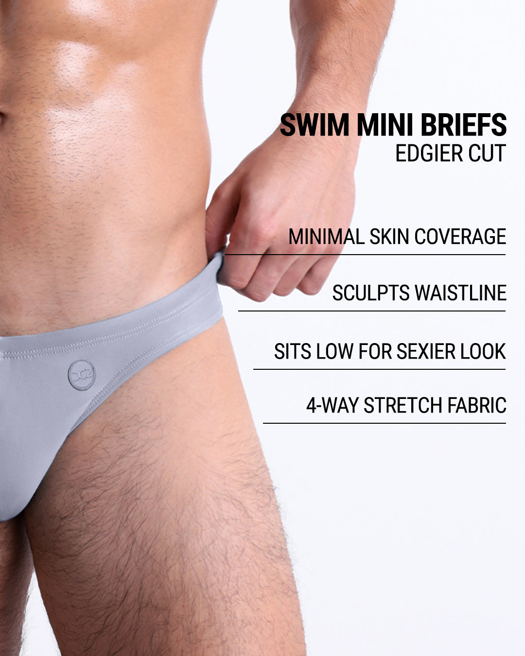 Product details graphic of GREY ANATOMY Swim Mini Briefs — showcasing minimal skin coverage, 4-way stretch, and sexier low waistline.
