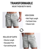 GREYS JONES Street shorts by DC2 are tranformable. You're able to wear wear them 2 ways: Hem down or rolled-up cuffs. Hem down have a mid-thigh length, full solid color, and provide a classic chino shorts look. Rolled-up cuffs provide a shorter length, provide a fun print and eye-catching look.