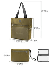 Sizing infographic for the PALM GREEN Poolside Tote Bag by DC2 Miami. The main tote bag measures 25 inches (63 cm) in height including straps, 14 inches (36 cm) in height without straps, and 5 inches (13 cm) in depth, accommodating a 16-inch laptop. The detachable pouch measures 9 inches (24 cm) in width and 6 inches (16 cm) in height.