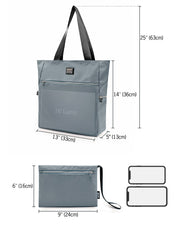 Sizing infographic for the VACAY GRAY Poolside Tote Bag by DC2 Miami. The main tote bag measures 25 inches (63 cm) in height including straps, 14 inches (36 cm) in height without straps, and 5 inches (13 cm) in depth, accommodating a 16-inch laptop. The detachable pouch measures 9 inches (24 cm) in width and 6 inches (16 cm) in height.