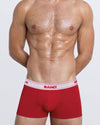 BANG! Miami Heated Red Skin Soft Modal Cotton Boxer Briefs in vibrant red with a supportive contour pouch, soft stretch fabric, and signature logo waistband.