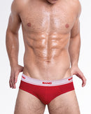 BANG! Miami Heated Red Skin Soft Modal Cotton Briefs for men with white logo waistband, soft stretch fabric, and supportive pouch.