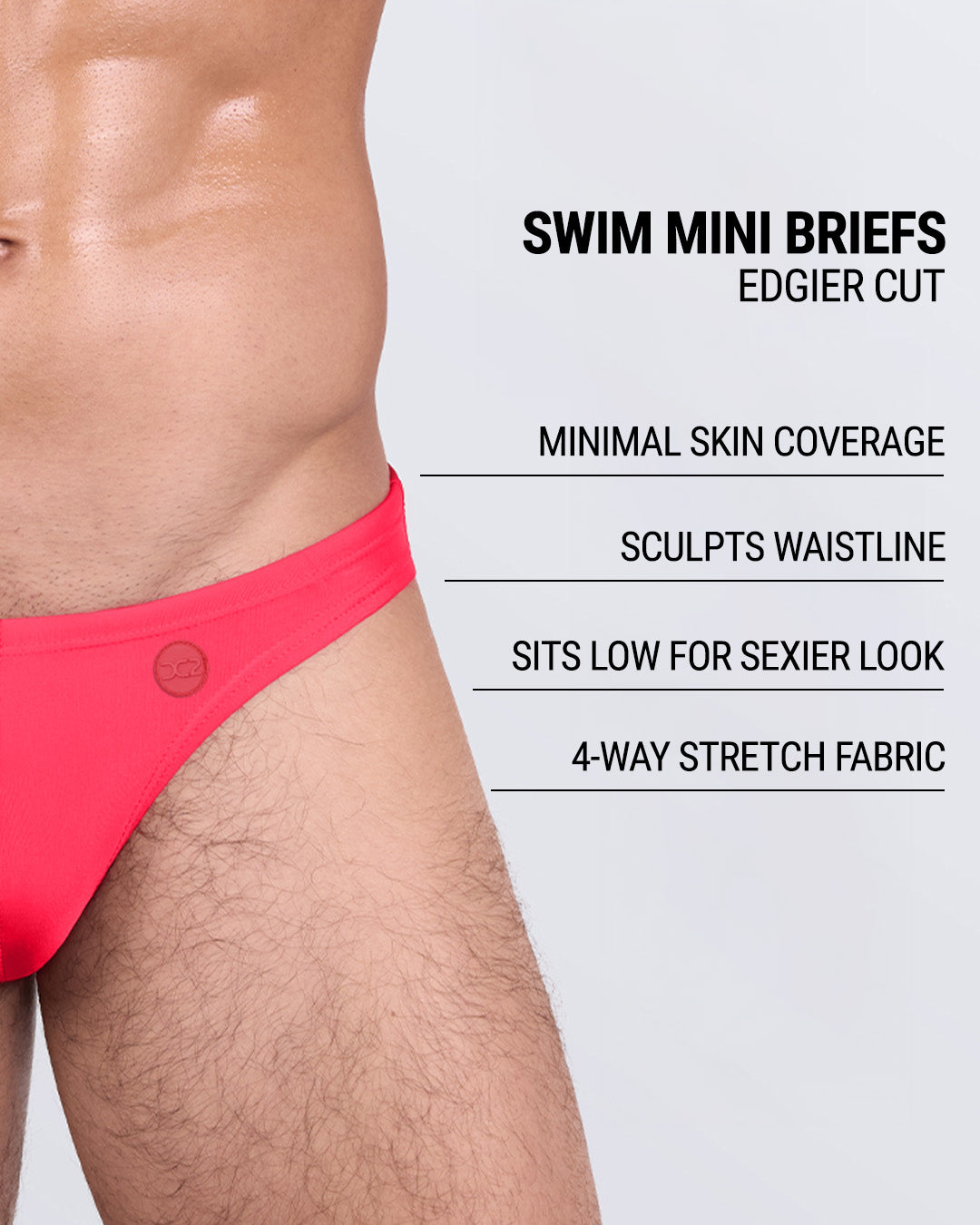 Product details graphic of HIGH VOLTAGE RED Swim Mini Briefs — features edgy cut, stretch, and sculpting fit.