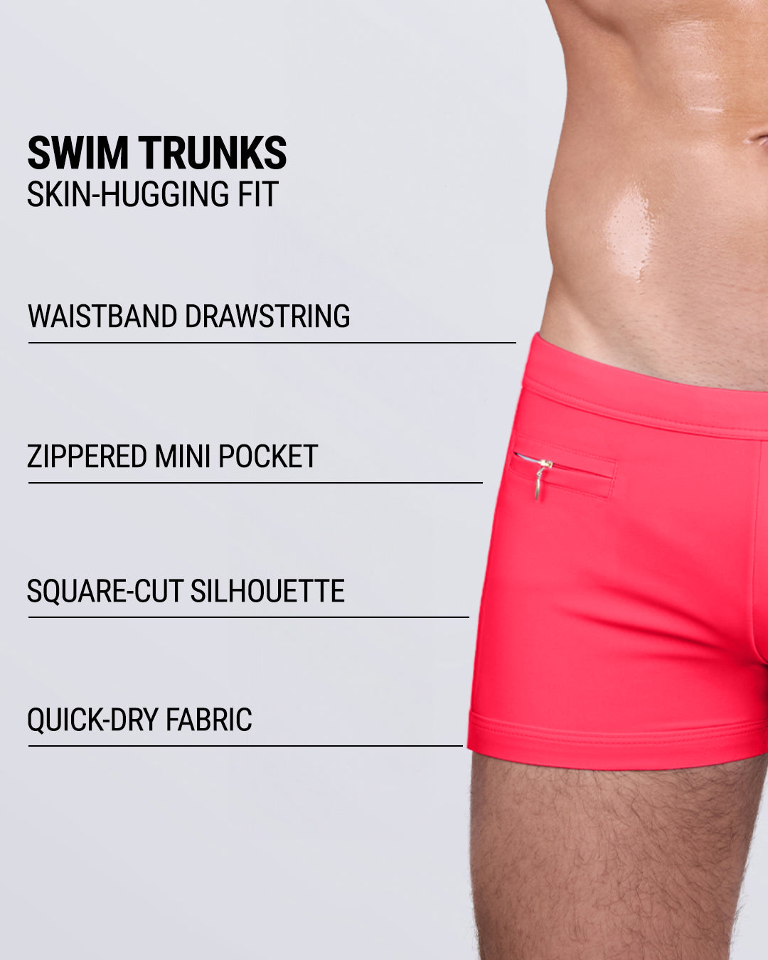 Product details graphic of DC2 HIGH VOLTAGE RED Swim Trunks — showcasing square-cut silhouette, quick-dry fabric, waistband drawstring, and zippered mini pocket.