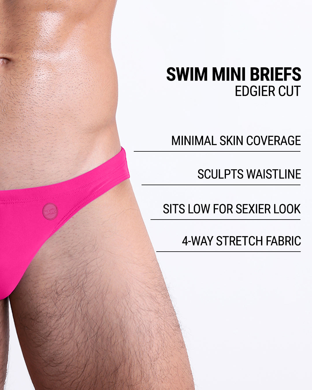Product details graphic of Hot Shot Magenta Swim Mini Briefs — showcasing edgier cut, minimal coverage, and 4-way stretch performance.