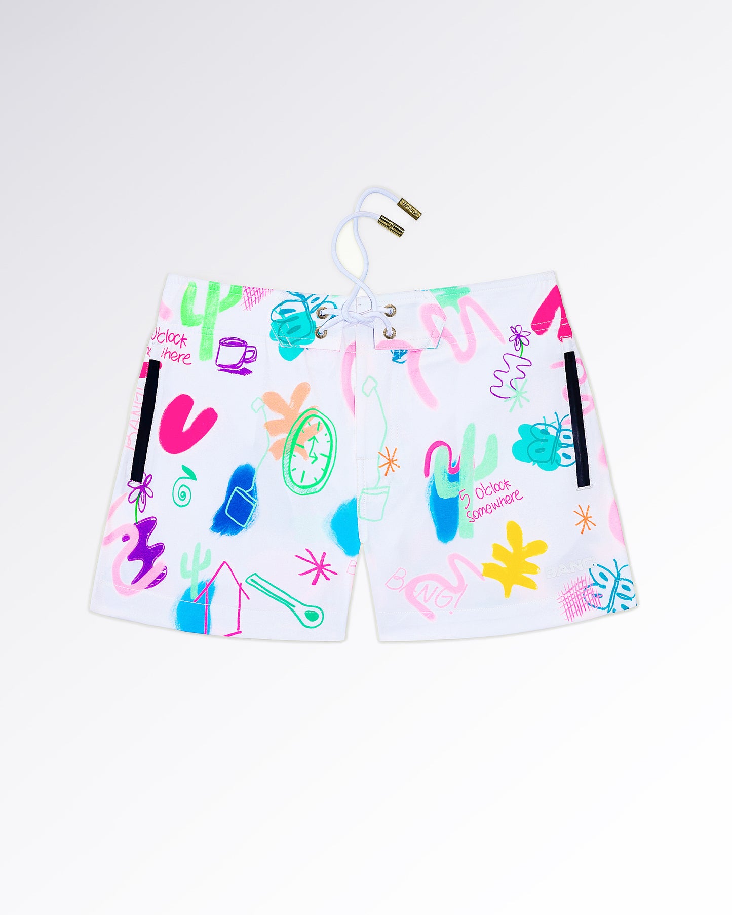 BANG! Miami I Saw The Sign Flex Shorts — flat lay of white flex shorts featuring colorful hand-drawn graphic illustrations, playful doodles, and beach-inspired artwork with lace-up front detail.