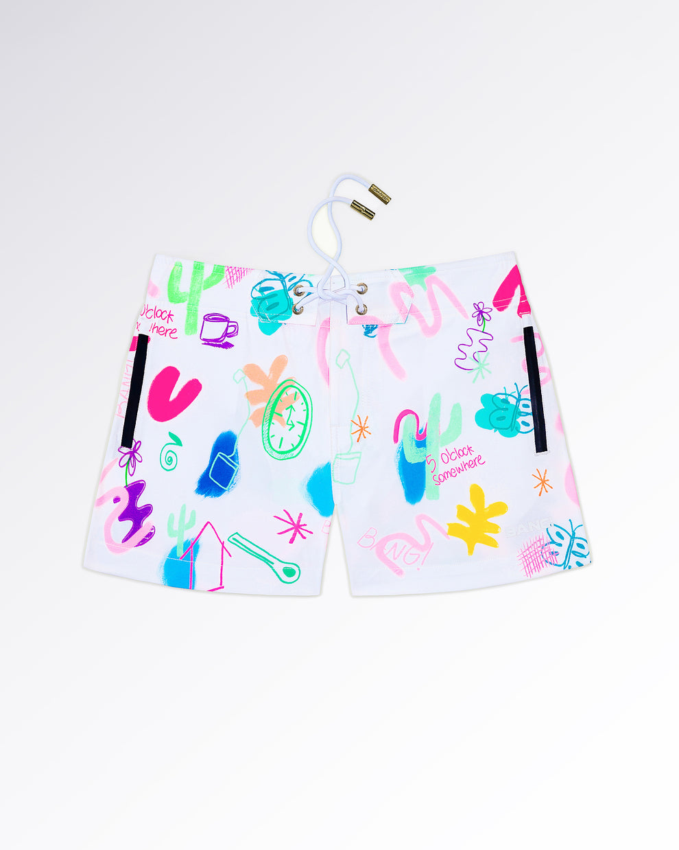 BANG! Miami I Saw The Sign Flex Shorts — flat lay of white flex shorts featuring colorful hand-drawn graphic illustrations, playful doodles, and beach-inspired artwork with lace-up front detail.