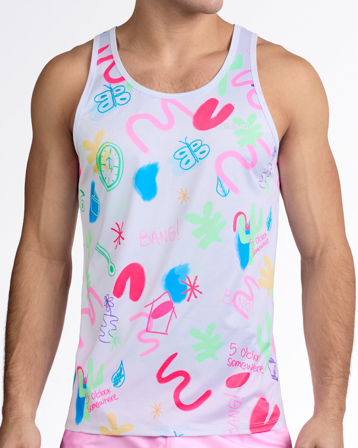 BANG I Saw The Sign Gym Tank Top — model wearing white men’s tank featuring colorful abstract doodle graphics, playful icons, and subtle BANG logo at chest.