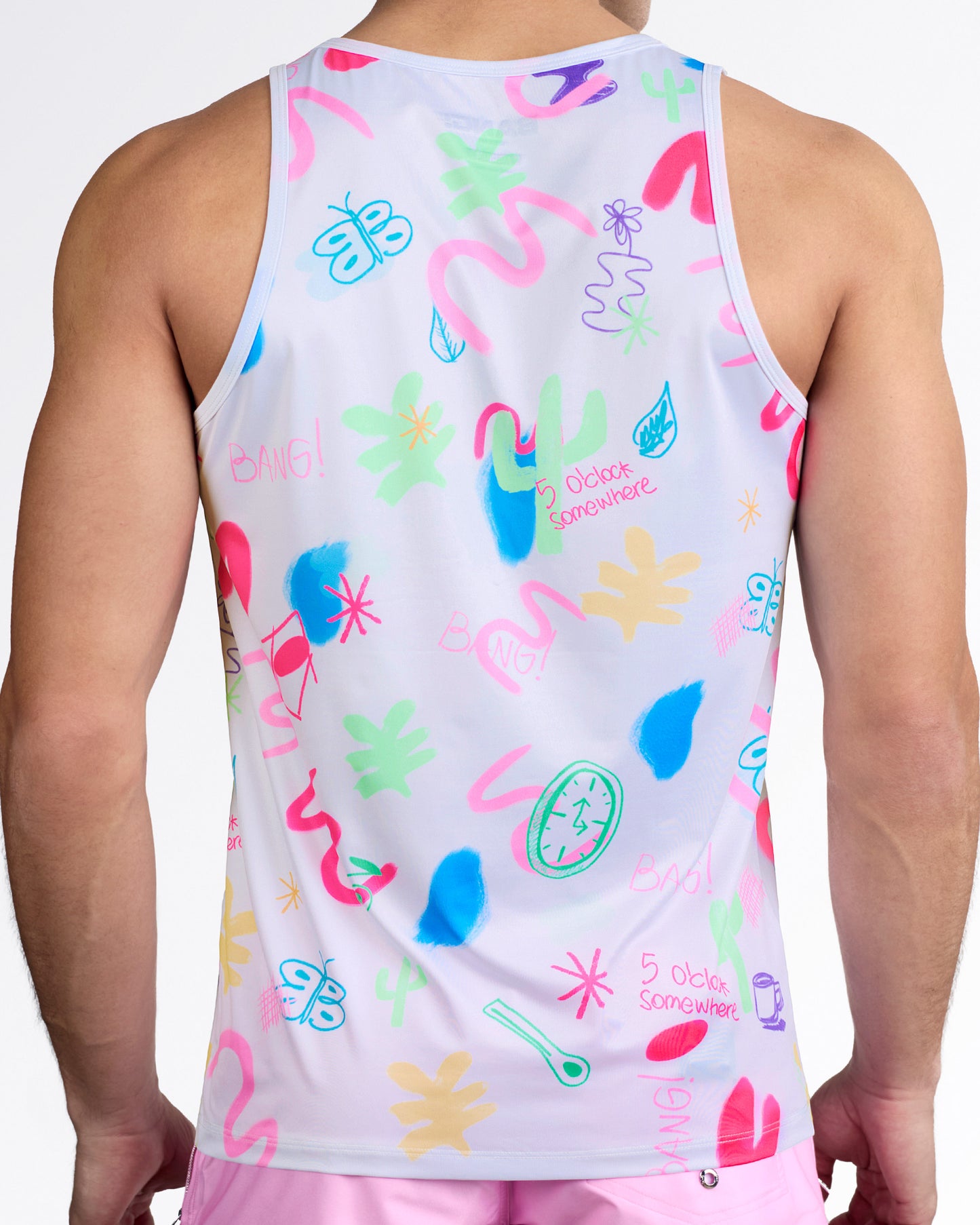 BANG I Saw The Sign Gym Tank Top — back view showcasing full multicolor print with butterflies, palm shapes, squiggles, and “5 O’clock Somewhere” text details.