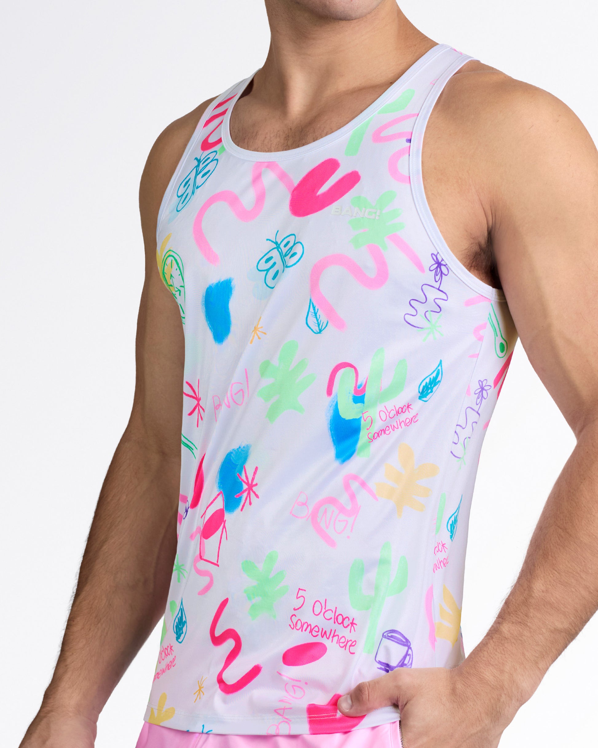 BANG I Saw The Sign Gym Tank Top — angled side view highlighting athletic tailored fit, smooth stretch fabric, and vibrant pastel graphic design.