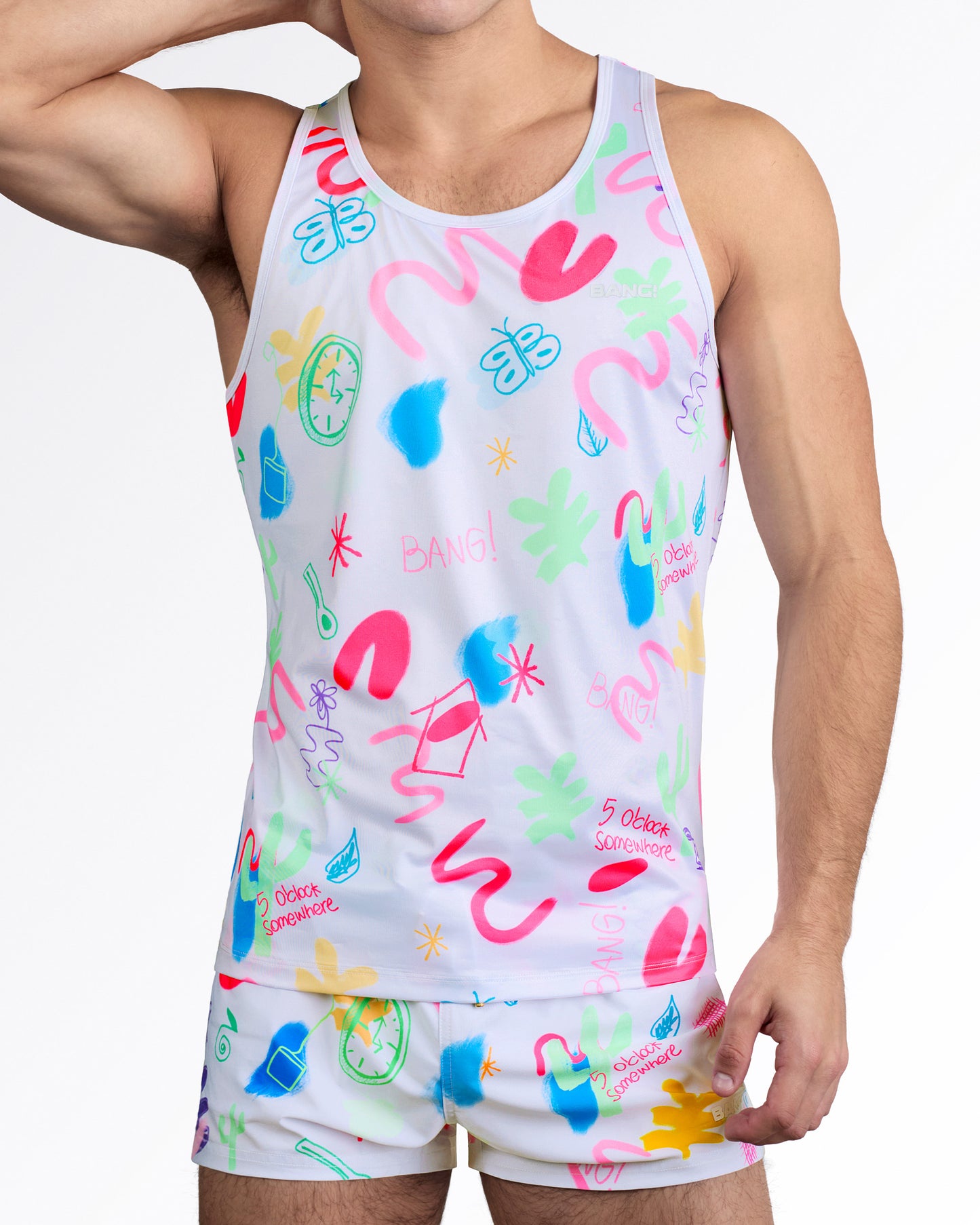 BANG I Saw The Sign Gym Tank Top — full body front view styled with matching printed shorts for a coordinated statement summer set.