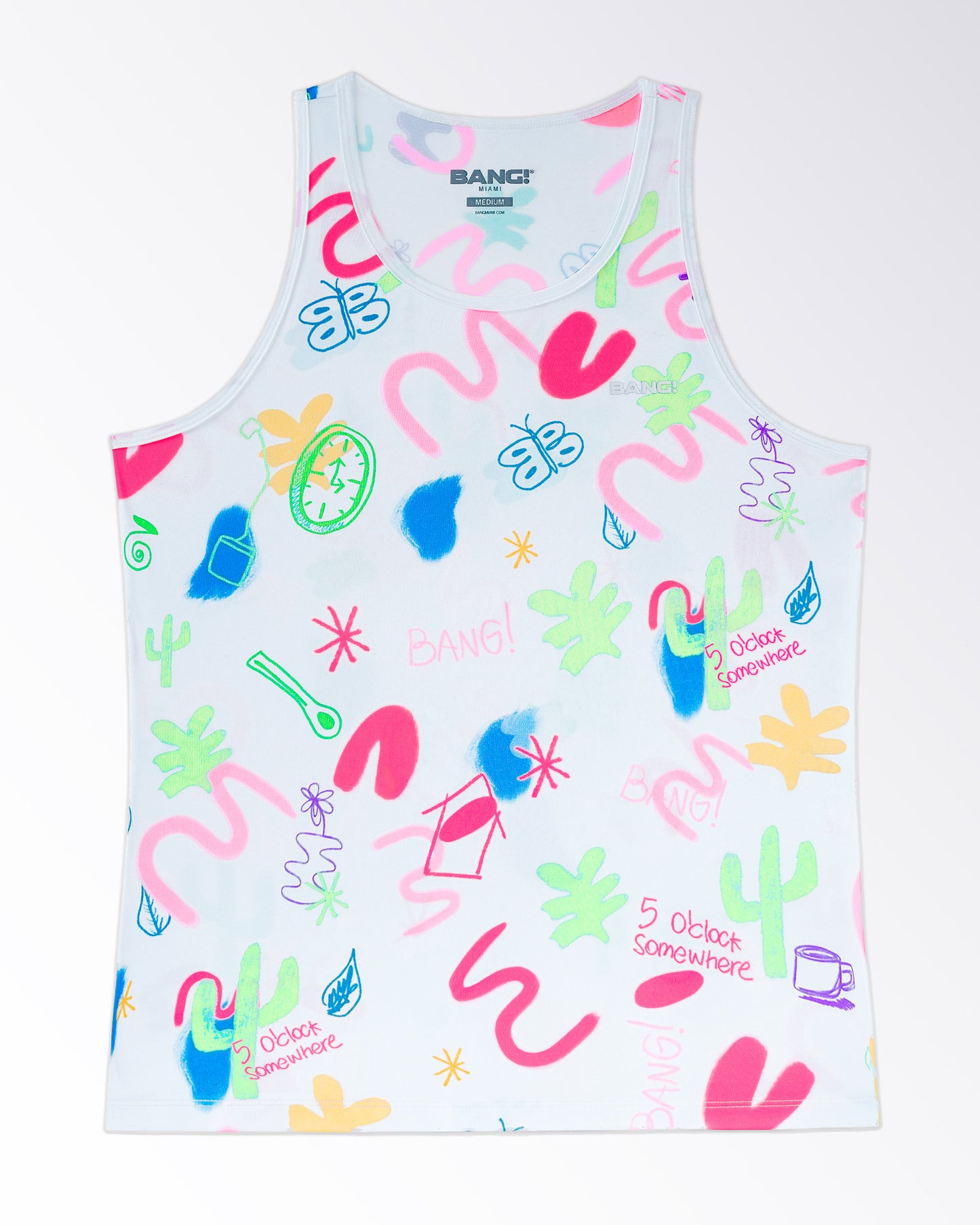 Product detail of BANG I Saw The Sign Gym Tank Top — flat lay view displaying allover illustrated pattern, lightweight breathable material, and clean binding finish.