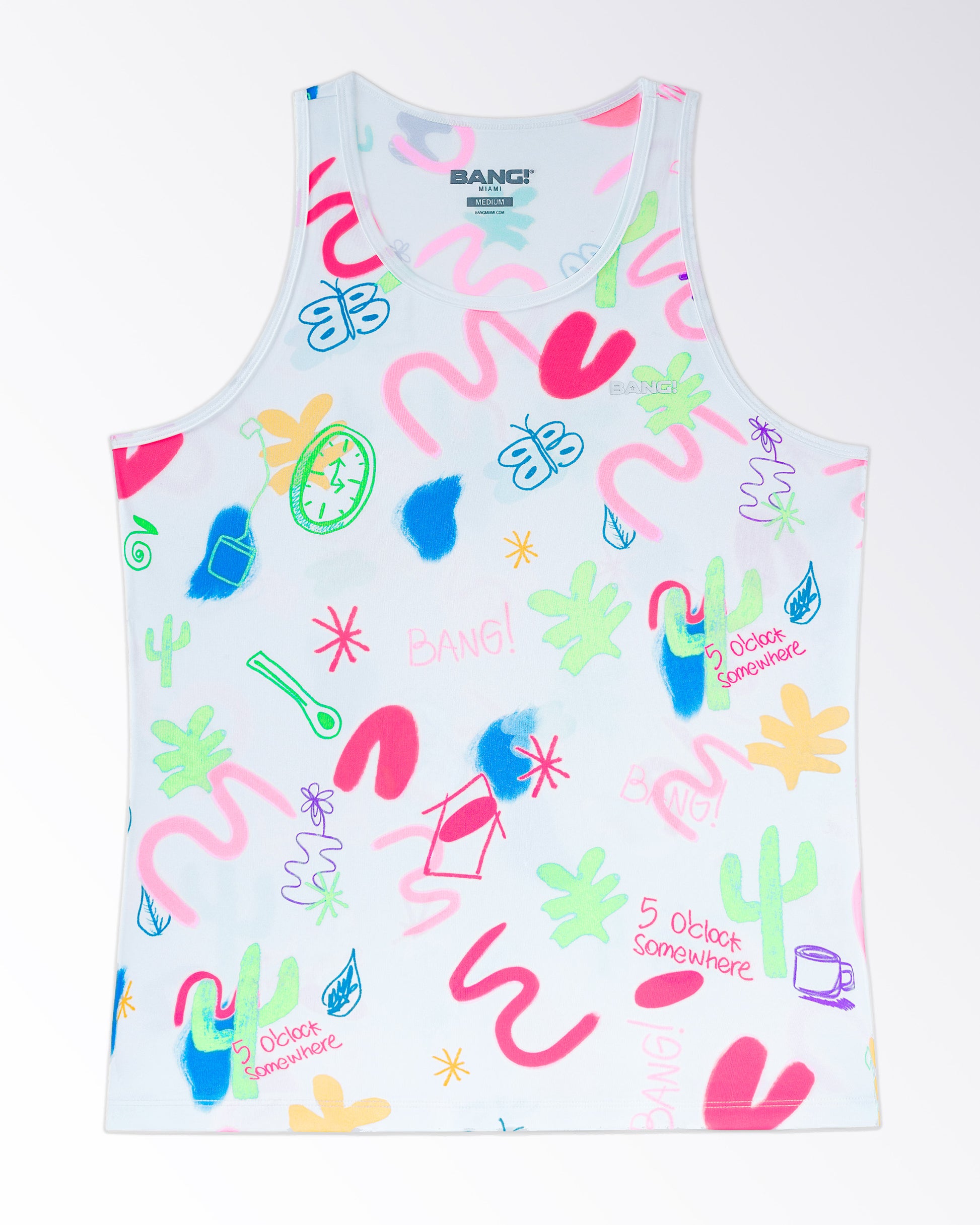 Product detail of BANG I Saw The Sign Gym Tank Top — flat lay view displaying allover illustrated pattern, lightweight breathable material, and clean binding finish.