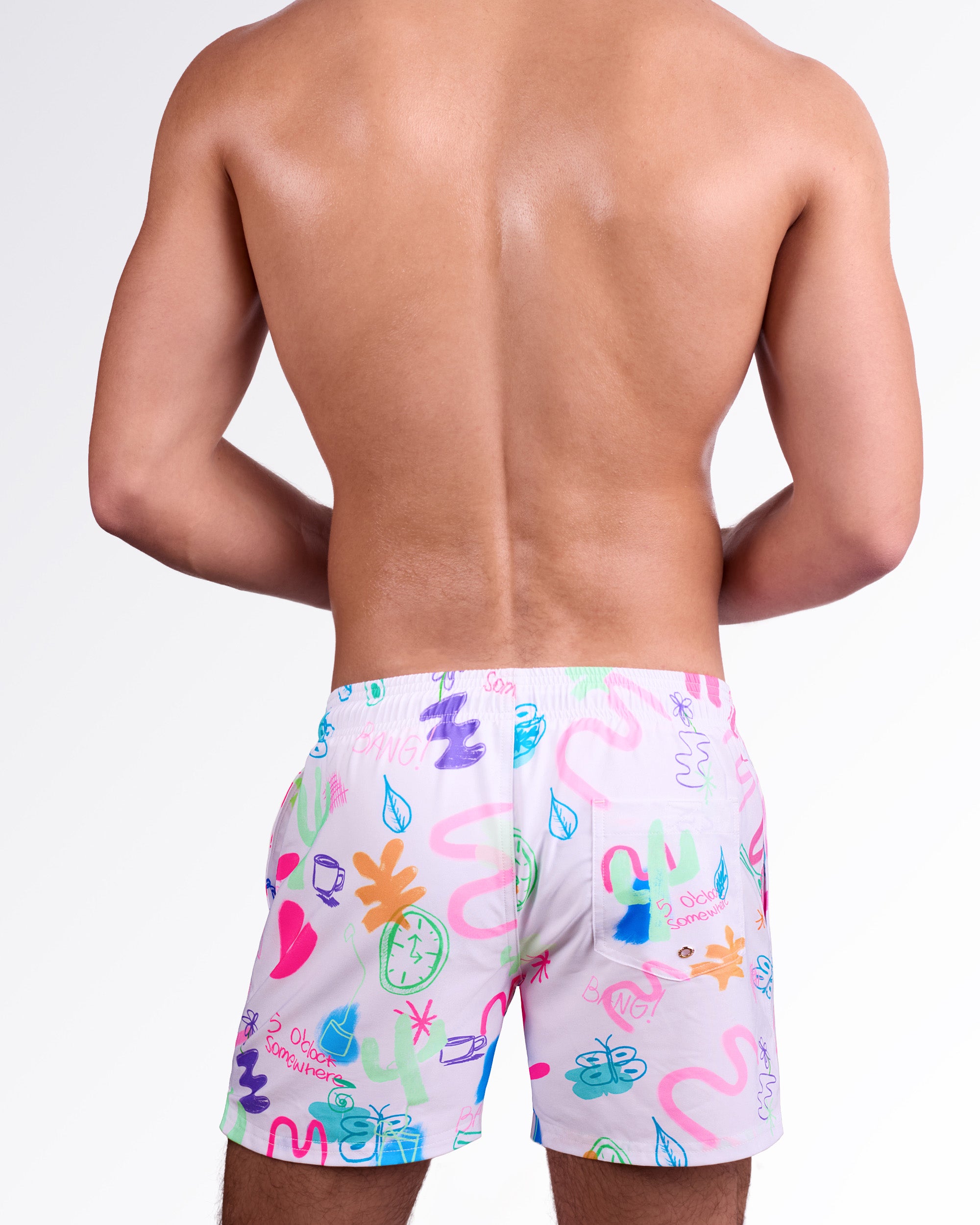 BANG! Miami I SAW THE SIGN Resort Shorts — back view highlighting elastic waistband, rear pocket detail, and playful multicolor print on lightweight quick-dry fabric.