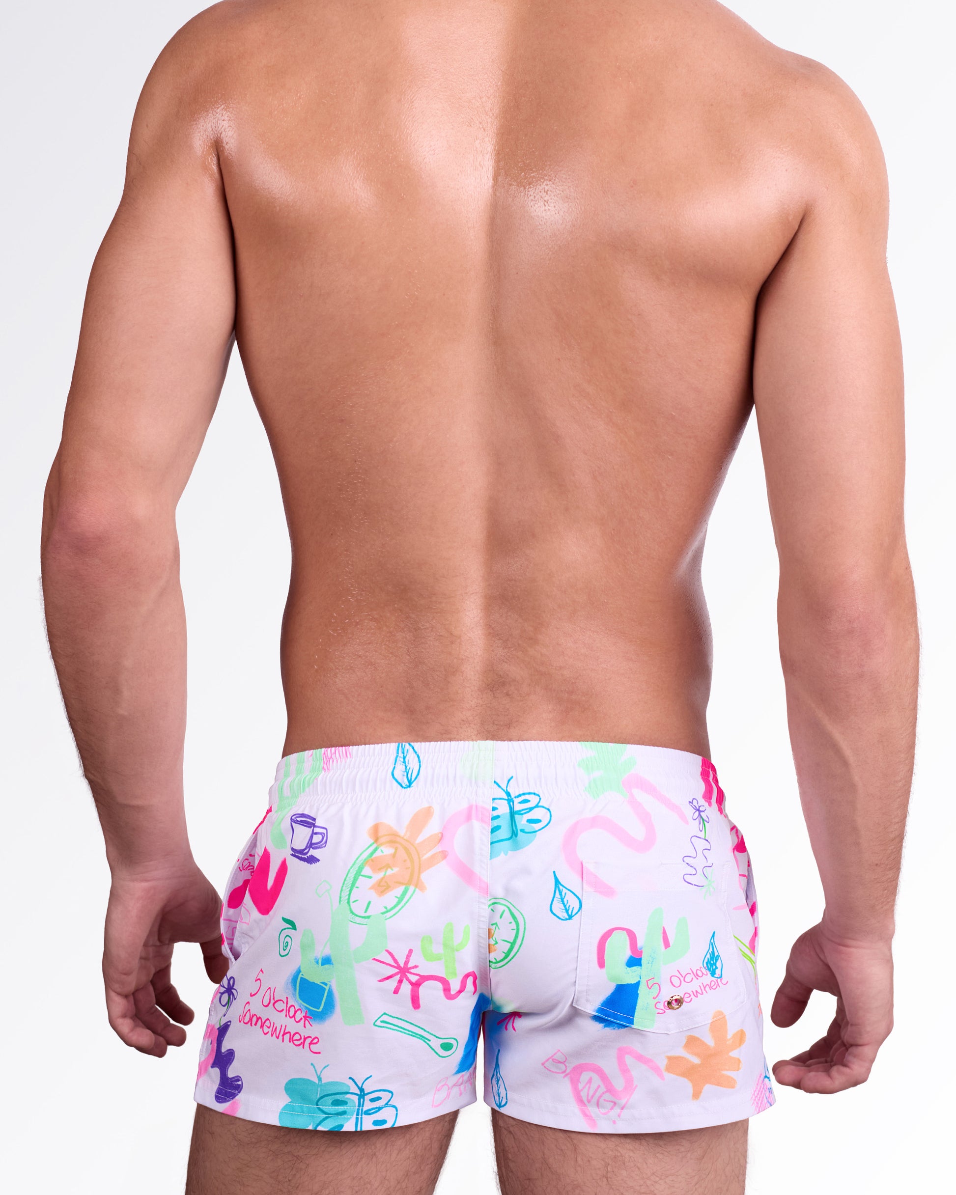 BANG I Saw The Sign Show Shorts — back view showcasing the vibrant illustrated print, rear pocket detail, and tailored short-length silhouette designed for bold poolside style.